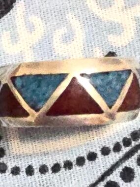 Native American inlayed turquoise and coral ring size 4